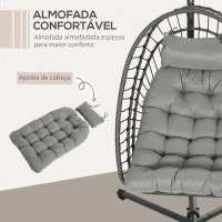 Outsunny Cadeirão Suspenso de Vime Dobrável com 2 Almofadas e Estrutura de Aço Capacidade 100 kg 100x131x194 cm Cinza Escuro(m-6)