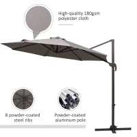 Outsunny 3m Cantilever Parasol, Rotates 360 Degrees, Hanging Parasol w/Hand Crank Aluminium Frame, Cross Base Included, Grey(m-6)