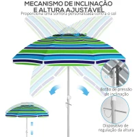 Outsunny Chapéu de Sol de Praia Ø178x205 cm com Inclinação de 45° e Altura Ajustável Abertura Manual Anti-UV Impermeável Multicolor(m-5)