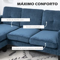 HOMCOM Sofá Chaise Longue Sofá em Forma de L Estofado em Poliéster Sofá de Canto Reversível 186x130x84 cm  Azul(m-4)