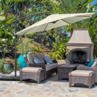 Outsunny 3(m) Garden Banana Parasol Cantilever Umbrella with Crank Handle, Cross Base, Weights and Cover for Outdoor, Hanging Sun Shade, Beige(m-10)