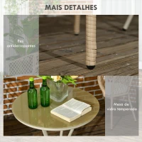 Outsunny Conjunto 3 Peças de Jardim em Vime com 2 Poltronas e 1 Mesa de Centro Redonda com Tampo de Vidro Temperado Natural e Caqui(m-7)
