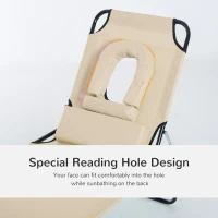 Outsunny Outdoor Foldable Sun Lounger, 4 Level Adjustable Backrest Reclining Sun Lounger Chair with Pillow and Reading Hole, Beige(m-7)