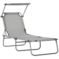 Outsunny Outdoor Foldable Sun Lounger, 4 Level Adjustable Backrest Reclining Sun Lounger Chair with Angle Adjust Sun Shade Awning for Beach, Garden, Patio, Light Grey(m-1)