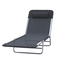 Outsunny Outdoor Foldable Sun Lounger, Garden 6 Level Adjustable Backrest Recliner Sun Lounger Chair with Headrest Pillow, Black(m-8)