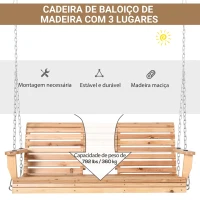 Outsunny Banco Baloiço de 2-3 Lugares de Madeira com Mesa de Centro Dobrável e 2 Porta-copos para Jardim 150x75x53 cm Natural(m-4)