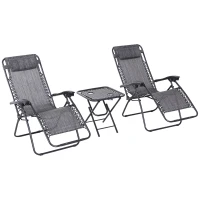 Outsunny 3pcs Folding Zero Gravity Chairs Sun Lounger Table Set w/ Cup Holders Reclining Garden Yard Pool, Light Grey(m-1)