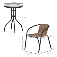 Outsunny Conjunto de 3 Peças de Vime para Jardim com 2 Cadeiras Empilháveis e 1 Mesa de Centro Redonda com Tampo de Vidro Marróm(m-3)
