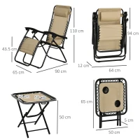 Outsunny 3pcs Folding Zero Gravity Chairs Sun Lounger Table Set w/ Cup Holders Reclining Garden Yard Pool, Beige(m-3)