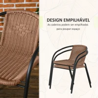Outsunny Conjunto de 3 Peças de Vime para Jardim com 2 Cadeiras Empilháveis e 1 Mesa de Centro Redonda com Tampo de Vidro Marróm(m-5)
