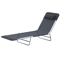 Outsunny Outdoor Foldable Sun Lounger, Garden 6 Level Adjustable Backrest Recliner Sun Lounger Chair with Headrest Pillow, Black(m-7)