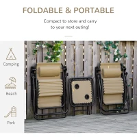 Outsunny 3pcs Folding Zero Gravity Chairs Sun Lounger Table Set w/ Cup Holders Reclining Garden Yard Pool, Beige(m-6)