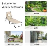 Outsunny Outdoor Foldable Sun Lounger, 4 Level Adjustable Backrest Reclining Sun Lounger Chair with Pillow and Reading Hole, Beige(m-5)