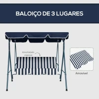 Outsunny Baloiço de Jardim de 3 Lugares com Almofada Toldo Ajustável e Estrutura de Metal 172x110x153cm Azul e Branco(m-7)