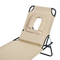 Outsunny Outdoor Foldable Sun Lounger, 4 Level Adjustable Backrest Reclining Sun Lounger Chair with Pillow and Reading Hole, Beige(m-10)