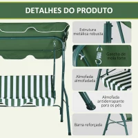 Outsunny Baloiço de Jardim de 2-3 Lugares com Almofada Toldo Ajustável Terraço Patio Capacidade 240kg 170x110x153cm Verde e Branco(m-5)