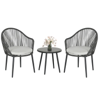 Outsunny Set Bistro de Terasă din 3 Piese, Set de Mobilier din Rachiță cu 2 Fotolii și Masă de Sticlă, 65x63x80 cm, Gri