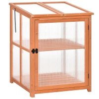 Outsunny Mini Serra da Giardino Serra in Legno e Pannelli in Policarbonato con 2 Ripiani Coperchi e Porta per Piante Orto Giardino 62x63x82 cm Legno(m-1)