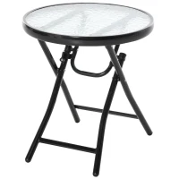 OUTSUNNY Φ45cm Garden Round Table Foldable Dining Table with Safety Buckle Glass Tabletop Metal Covered Edge for Patio Garden Outdoor Indoor Space(m-1)