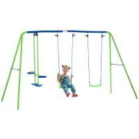 Outsunny Metal 2 Swings & Seesaw Set Height Adjustable Outdoor Play Set, Green(m-1)