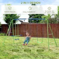 Outsunny Metal 2 Swings & Seesaw Set Height Adjustable Outdoor Play Set, Green(m-5)