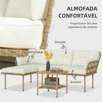 Outsunny Conjunto de Jardim de 3 Peças em Vime Sintético com 1 Sofá de 2 Lugares 1 Sofá de Canto e 1 Mesa de Centro Natural e Creme(m-5)