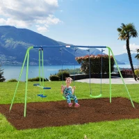 Outsunny Metal 2 Swings & Seesaw Set Height Adjustable Outdoor Play Set, Green(m-12)