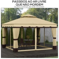 Outsunny Pérgola de Jardim 370x300x275 cm com 4 Paredes Laterais 4 Mosquiteiros Teto Duplo Impermeável e Anti-UV para Terraço Bege(m-5)