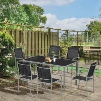 Outsunny 7 Piece Outdoor Garden Dining Set with Table and 6 Stackable Chairs, Steel Frame, Tempered Glass Top, Mesh Seats, Black(m-10)