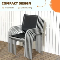Outsunny 7 Piece Outdoor Garden Dining Set with Table and 6 Stackable Chairs, Steel Frame, Tempered Glass Top, Mesh Seats, Black(m-5)