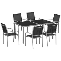 Outsunny 7 Piece Outdoor Garden Dining Set with Table and 6 Stackable Chairs, Steel Frame, Tempered Glass Top, Mesh Seats, Black(m-11)