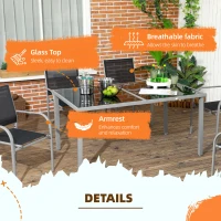 Outsunny 7 Piece Outdoor Garden Dining Set with Table and 6 Stackable Chairs, Steel Frame, Tempered Glass Top, Mesh Seats, Black(m-6)