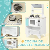 HOMCOM Cocina de Juguete de Madera para Niños de +3 Años Cocinita Infantil con Cesta de Almacenaje Accesorios Utensilios Estufa y Microondas 42x29x76 cm Blanco(m-5)