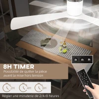 HOMCOM Ventilateur de plafond réversible avec lumière LED 6 vitesses silencieux télécommande diamètre 132 cm blanc(m-7)