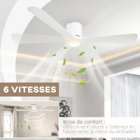 HOMCOM Ventilateur de plafond réversible avec lumière LED 6 vitesses silencieux télécommande diamètre 132 cm blanc(m-4)