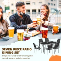 Outsunny 7 Piece Outdoor Garden Dining Set with Table and 6 Stackable Chairs, Steel Frame, Tempered Glass Top, Mesh Seats, Black(m-4)