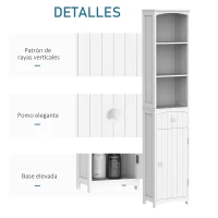 HOMCOM Armario Alto de Baño Estrecho con 1 Cajón y 3 Estantes Abiertos Columna de Baño Estilo Moderno para Salón Aseo Cocina 34x24x170 cm Blanco(m-5)