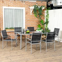 Outsunny 7 Piece Outdoor Garden Dining Set with Table and 6 Stackable Chairs, Steel Frame, Tempered Glass Top, Mesh Seats, Black(m-2)