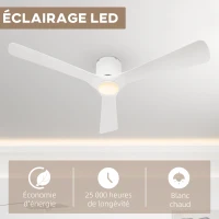 HOMCOM Ventilateur de plafond réversible avec lumière LED 6 vitesses silencieux télécommande diamètre 132 cm blanc(m-5)