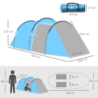 Outsunny Campingtent, Pop-up tent voor 2-3 personen, Voortent & Slaapgedeelte, Waterdicht, 426 x 206 x 154 cm, Lichtblauw(m-3)