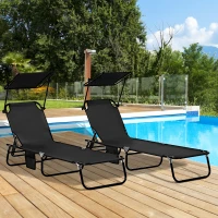 Outsunny Set of Two Folding Sun Loungers, with Adjustable Backs and Sun Canopies - Black(m-10)