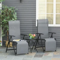 Outsunny Set of 2 Outdoor Sun Lounger 10-Position Adjustable Texteline Folding Reclining Chairs with Footrest for Patio Garden, Grey(m-11)