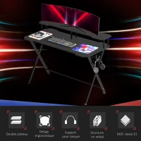 HOMCOM Bureau gaming bureau gamer bureau informatique bracket casque grand plateau MDF + étagère écran châssis métal noir(m-4)