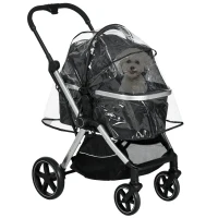 PawHut wózek dla psa z osłoną przeciwdeszczową, wózek dla zwierząt, wózek dla kota ze smyczami bezpieczeństwa, wózek dla małego psa, czarny, 84 x 58 x 110 cm(m-10)