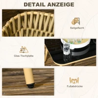 Outsunny Tuinmeubelset, 4-delig, decoratief rattandesign, tafel met glazen blad, inclusief zitkussen, weerbestendig, Khaki(m-6)