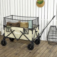 Outsunny Folding Garden Trolley, 180L Wagon Cart with Extendable Side Walls, for Beach, Camping, Festival, Khaki(m-10)