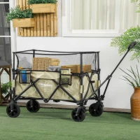 Outsunny Folding Garden Trolley, 180L Wagon Cart with Extendable Side Walls, for Beach, Camping, Festival, Khaki(m-2)