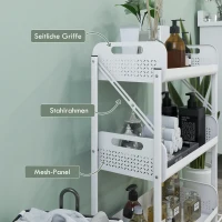 HOMCOM Wózek serwisowy z 3 poziomami, Składany wózek do przechowywania, Wózek kuchenny z 3 koszami siatkowymi do salonu, kuchni, stal, biały(m-7)