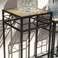 Outsunny Bloemenstandaard, set van 3, rond, stapelbaar, rotanlook, metalen poten, voor binnen en buiten, zwart/goud(m-8)