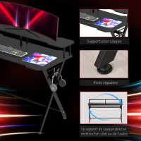 HOMCOM Bureau gaming bureau gamer bureau informatique bracket casque grand plateau MDF + étagère écran châssis métal noir(m-7)